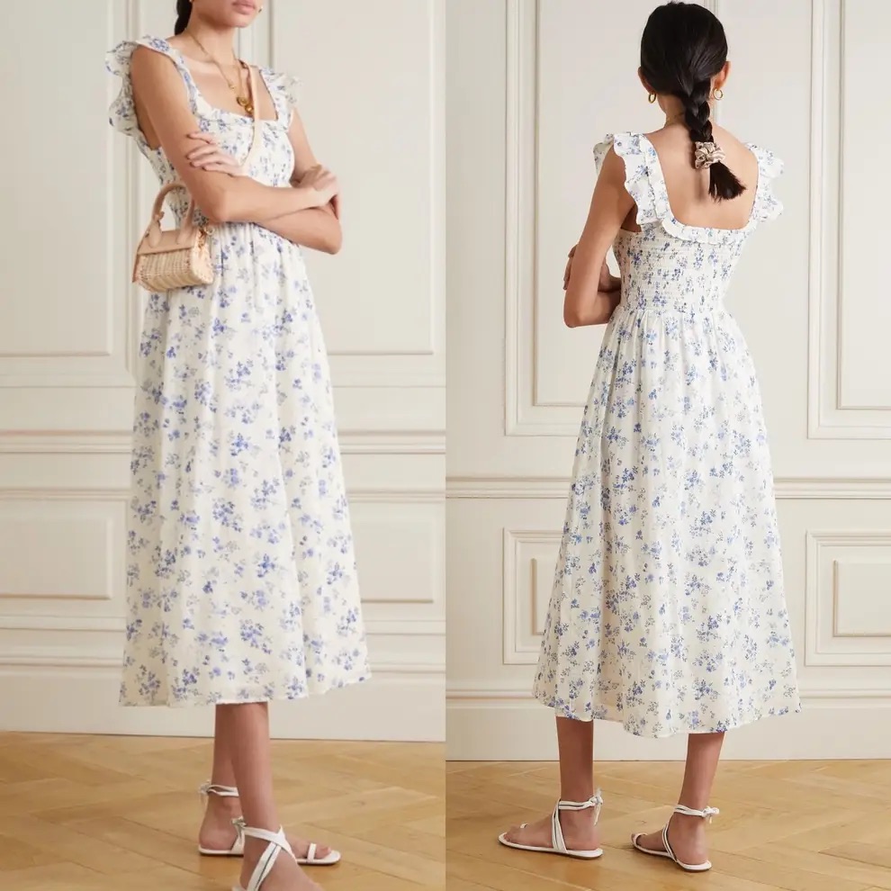Reformation Noreen Smocked Shirred Floral Milk Maid Midi Dress In Lula Xl